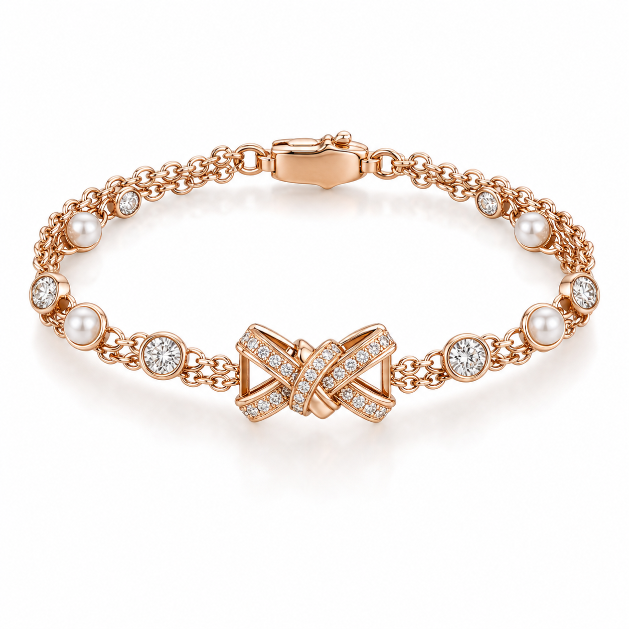 18K Rose Gold Diamond Pearl Bow Bracelet